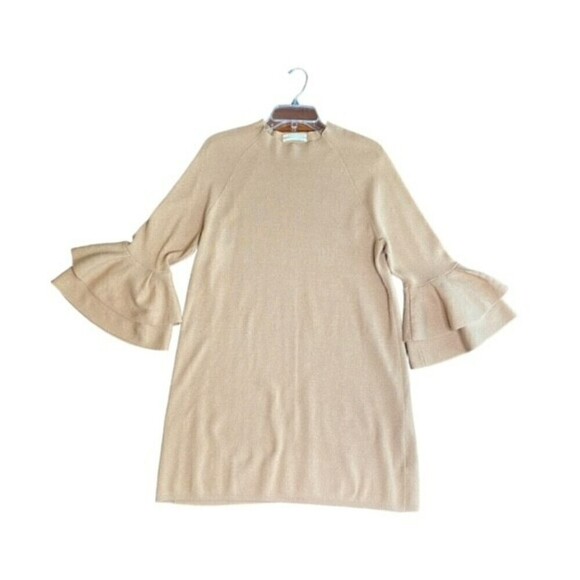 by Anthropologie A Beige Claudette Ruffle Sleeve Sweater Dress Gold Sparkle XL - Picture 5 of 7